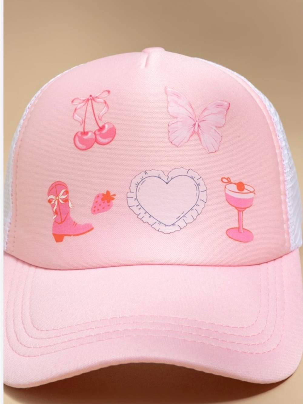 Francesca's Collections Pink Trucker Hat with cherry butterfly heart